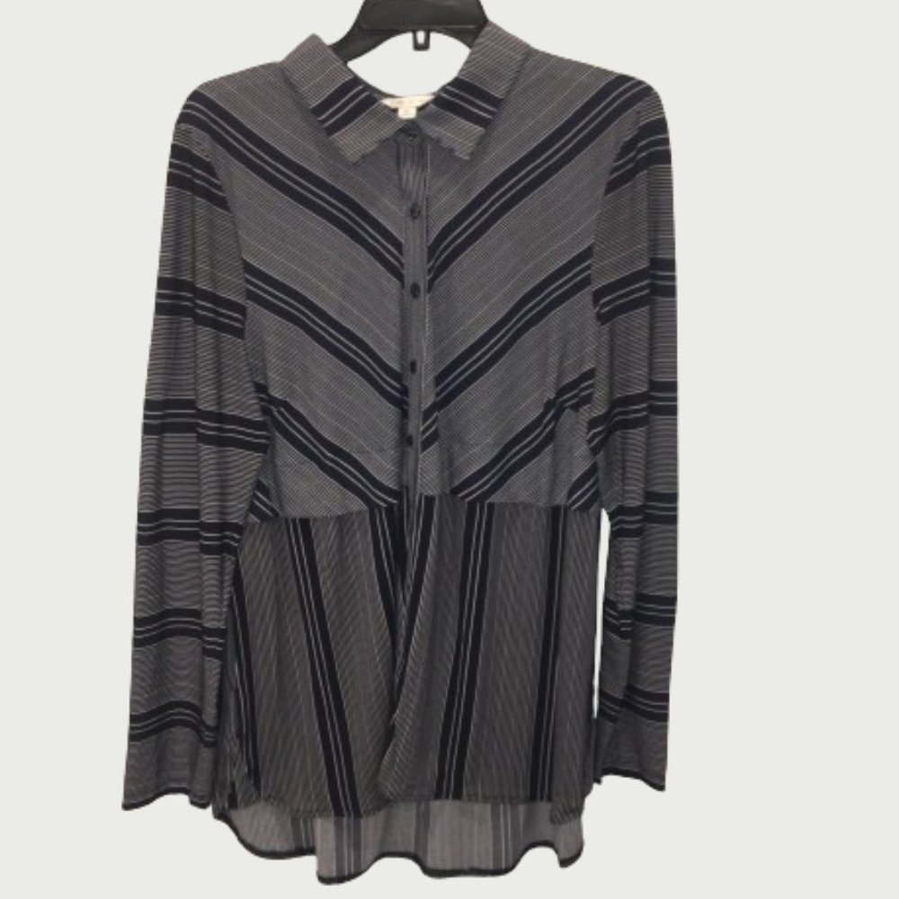 Navy and White Striped Button Front Blouse